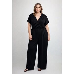 Black Short Sleeve Wrap Waist Wide Leg Jumpsuit‎ Women's Size XL
